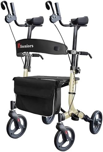 Aliseniors Upright Walker for Seniors - Big Stand Up Walker with Wide Seat, Foldable 4 Wheel All-Terrain Rolling Walker, Adjustable Armrests, 300lbs, Improves Posture & Reduces Back Strain | 20.6" Wide Seat, Foldable Rollator, 8" All-Terrain Wheels, Adju…