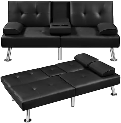 Yaheetech Convertible Futon Sofa Bed Loveseat with Cup Holder, Black