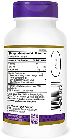 21st Century Fish Oil 1000mg Omega-3 Softgels, Mercury-Filtered, 120ct | Omega-3 Fish Oil with 300 mg EPA & DHA, Heart & Cardiovascular Health Support, Gluten Free, Non-GMO