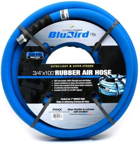 BLUBIRD BB3450 3/4" x 50' Rubber Air Hose, 100% Rubber, Lightest, Strongest, Most Flexible, 300 PSI, 50F to 190F Degrees, Ozone Resistant, High Strength Polyester Braided | Heavy Duty Reinforced Air Hose With 300 PSI Rating, Flexible Design, Kink Resista…