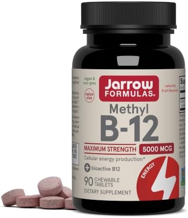 Jarrow Formulas Methyl Vitamin B12 5000 mcg - 60 Chewable Tablets, Naturally Fruit Flavored- Bioactive B12 Vitamin - Supports Cellular Energy Production, Brain Health & Metabolism - 60 Servings | Fruit Flavored, Bioactive B12 Vitamin, Supports Cellular E…