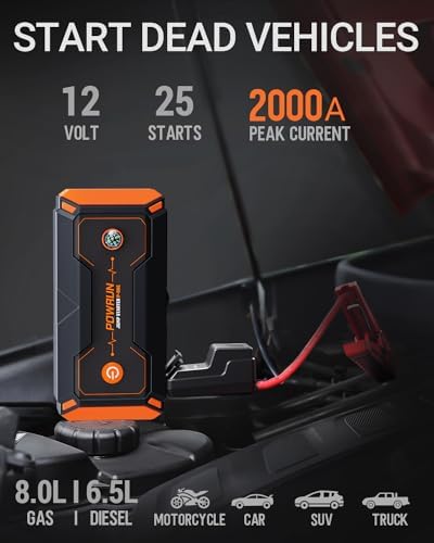 Powrun P-ONE Jump Starter, 2000A Portable Jump Box - Car Jump Starter Battery Pack for up to 8.0L Gas and 6.5L Diesel Engines