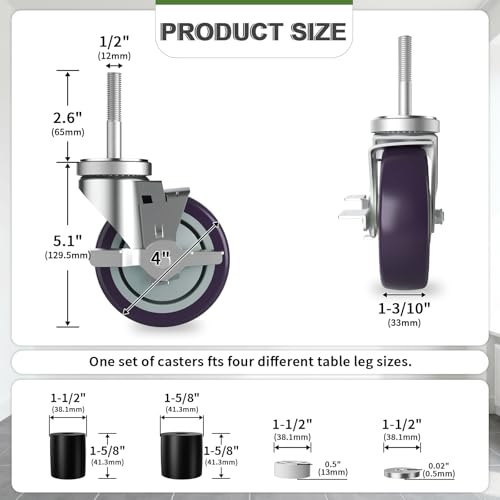 4 Inch Expanding Stem Caster Set of 4 for Stainless Steel Table