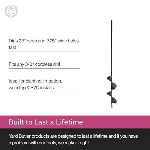 Yard Butler IREA-4 Roto Earth 18” Auger Drill Bit - Digging Tool for Effortless Bulb Planting - Multi-Use Drill - Heavy-Duty Garden Tool - Power-Coated Steel - Rust-Resistant | Powder-Coated Steel Digging Tool, Rust-Resistant, Digs Medium-Depth Holes for…
