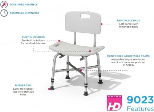 NOVA Heavy Duty Shower Chair, 500 lb Bariatric Bath Seat for Seniors, Fully Assembled, Adjustable Height 17"–23", Dual Handles, Handheld Shower Holder, Non-Slip Feet