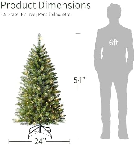 Puleo International 7.5ft Pre-Lit Fraser Fir Pencil Christmas Tree with 350 Clear Lights, 1188 Realistic Dense Branch Tips, Easy Setup Artificial Trees with Sturdy Metal Stand