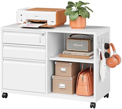 3 Drawer File Cabinet with Lock,Mobile Lateral Filing Cabinet with Side Hook for Letters/Legal/A4, Metal Printer Stand Storage Cabinets with Shelves for Home Office(Black)