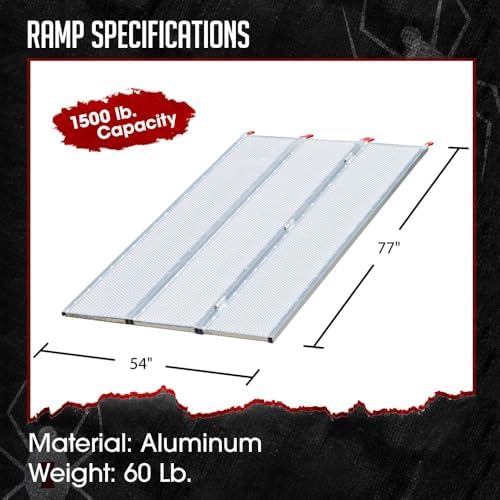 Black Widow 6ft 5in Aluminum Folding ATV Loading Ramp, 1500 lb Capacity | Load four-wheelers into trailer, folds into thirds for storage, safety straps included