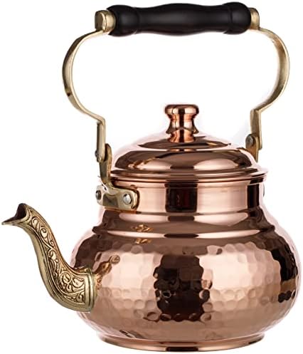 DEMMEX 1mm Thick Hammered Copper Tea Pot Kettle Stovetop Teapot, 1.6-Quart