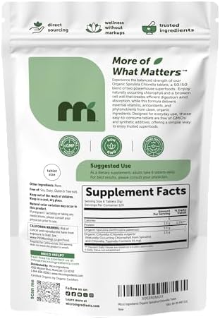 Micro Ingredients Organic Spirulina Chlorella Tablets, 720 Count | 4 Month Supply. 50/50 Algae Blend, Broken Cell Wall