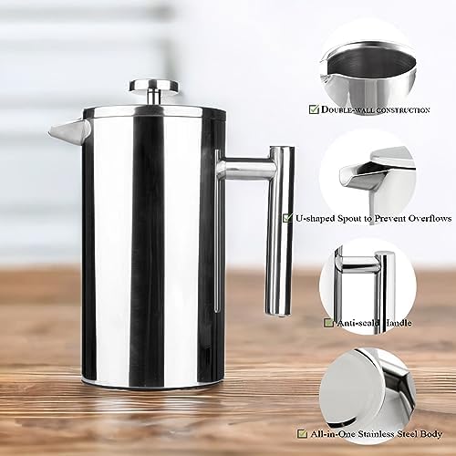 8-Cup Double Wall Insulated Stainless Steel French Coffee Press, 32-Ounce Durable Coffee Tea Maker with Stainless Steel Plunger, Copper