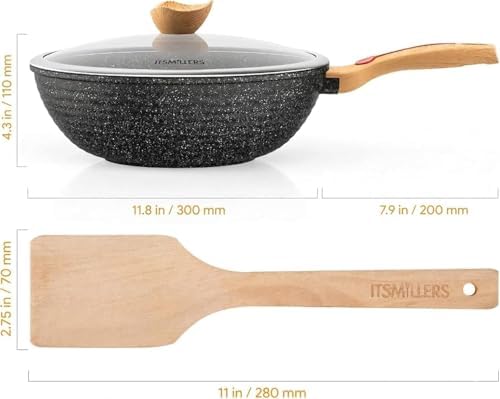 ITSMILLERS Nonstick Wok Aluminium Die-casting Chinese Wok, Scratch Resistant With Lid and Spatula, PFOA-Free, Dishwasher Safe & Induction Bottom