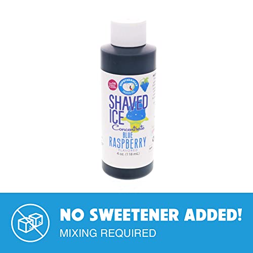 Hypothermias Shaved Ice and Snow Cone Syrup Unsweetened Flavor Concentrate - 4 Fl. Oz - Makes 1 Gallon of Syrup - Blue Raspberry - Must Add Filtered