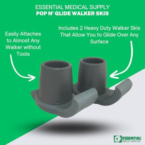 Essential Medical Supply Pop & Glide Easy Use Walker Ski Glides, 2 Pack - Universal Fit Walker Accessories in Gray