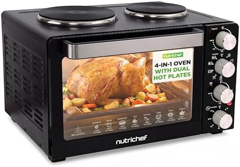 NutriChef 30 Quart Kitchen Convection Oven & 2 Burner Cooker - 1500 Watt Oven - 7 Cook Functions Rotisserie, Cook, Bake