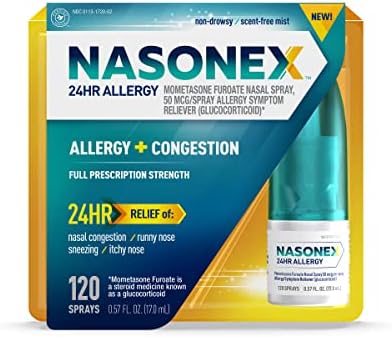 Nasonex 24HR Allergy Nasal Spray, Non-Drowsy, Scent-Free Mist, Allergy Symptoms + Nasal Congestion, Full Prescription Strength, 120 Sprays