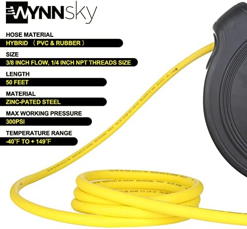 Automatic Retractable Enclosed Air Compressor Hose Reel with 3/8 inch x 50 ft Hybrid Air Hose for Workshop Garage, 180° Swivel Bracket, 300PSI