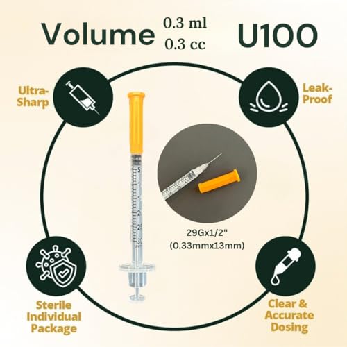 Veterinary Insulin Syringe U-100 0.3cc (ml), 29G x 1/2 inch (12.7mm), Half Unit Marking, Individually Packed, for Pet Cat or Dog, 100 per Box