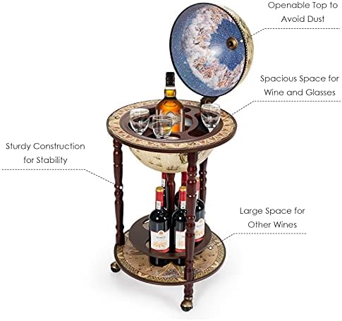 LDAILY Moccha 17” Globe Wood Wine Bar Stand, 16th Century Italian Replica Liquor Bottle Shelf w/Wheels, Wood Wine Cart Cabinet w/Bottom Shelf