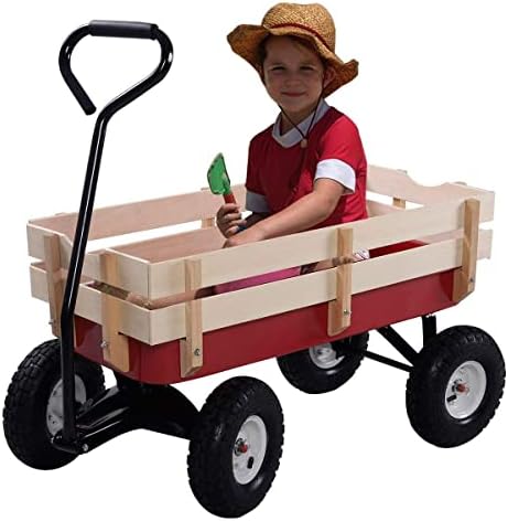 ReunionG Garden Cart with Free-Rotating Wood Railing, Kids Outdoor Wagon with Rubber Wheels, All Terrain Cargo Wagon with 330lbs Weight Capacity, Red