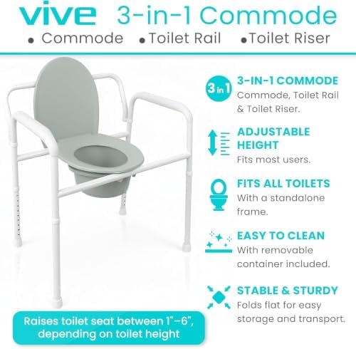 Vive Bedside Commode Toilet Chair (Folding) - 350 lb Capacity, Safety Rail, Shower Chair - 3 in 1 Heavy Duty Bariatric Bucket with Padded Arms