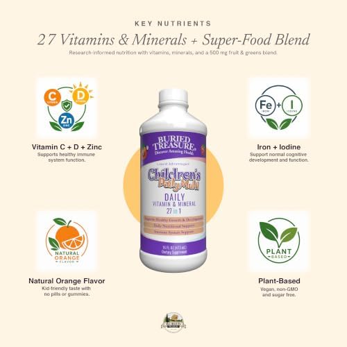 Buried Treasure Children’s Daily Liquid Multivitamin – 27 Vitamins & Minerals with SuperFood Blend – Sugar Free, Vegan, Orange Mango Flavor