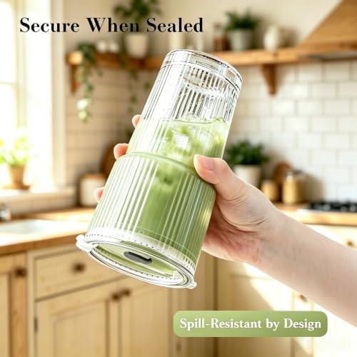 Glass Cups with Lids and Straws, 2Pcs 20oz Glass Coffee Cups Leak Proof | Ribbed Thick Reusable Glass Tumbler with Straw and Lid, Fits Car Cup Holder