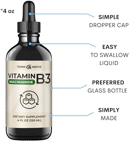 Think Above Vitamin B3 Niacinamide Liquid - Non Flush Form of B3 Niacin - Convenient Vitamin B3 Niacinamide Drops for Women and Men - Easy to