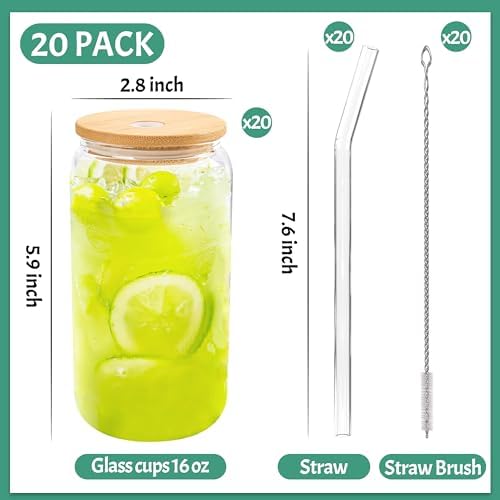 Joyclub 20Pcs Glass Cups with Bamboo Lids and Straws Bulk 16 oz Can Shaped | Clear drinking glasses include 20 cleaning brushes
