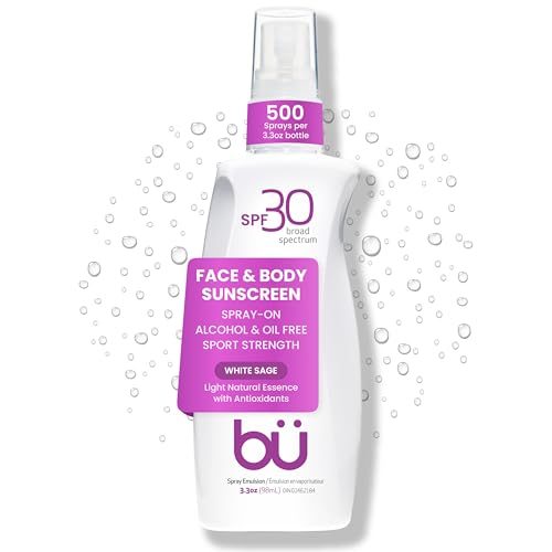 BU SPF 30 Sunscreen Spray for Face and Body, Non Aerosol Spray, Ultrafine WOWmist, TSA Travel Size Sunscreen, Clear, Non Greasy, Water Resistant, White Sage 3.3 oz