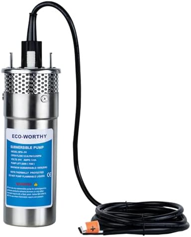 ECO-WORTHY 24V Submersible Deep Well Water Pump with 10ft Cable 1.6GPM 4'' 5A, Max Lift 230ft/70m, DC Pump/Alternative Energy Solar Battery Farm & Ranch Submersible Deep Well Pump