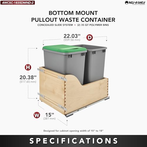 Rev-A-Shelf Pull Out Trash Can for Kitchen Cabinets 35 Qt 8.75 Gal Bottom Mounted, Undermount Soft-Close Slides, Silver, 4WCSC-1835DMND-2