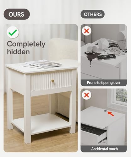 Nightstand with Gun Drawer White Bedside Table Hidden Compartment | Modern Farmhouse Side Table, Handgun Safe for Wood End Table, Open Shelf Storage