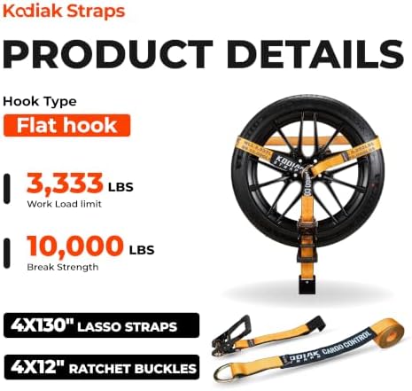 Adjustable Vehicle Tire Tie Down Straps Kit– 4pk Heavy Duty Tire Straps with Snap Hooks 10