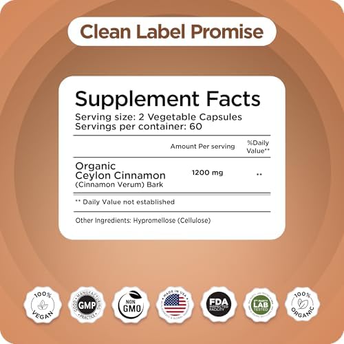 Balancebreens Certified Organic Ceylon Cinnamon 1200mg Supplement - 120 Veg Capsules - Heart