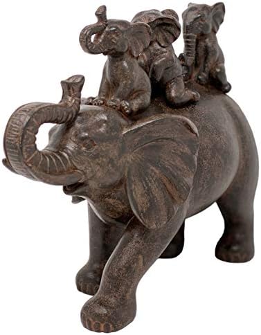 Nature's Mark 8" H 3 Baby Elephants Riding an Elephant Resin Statue Figurine Home Decorative Accent Decor (Brown)