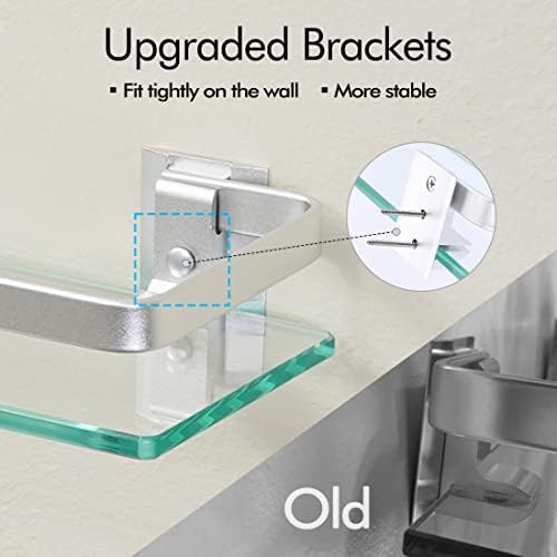 KES Glass Shelves for Bathroom, Floating Tempered Glass Shelves 14 Inch | Aluminum Extra Thick 2 Pack Rectangular Storage Organizer Wall Mount Silver