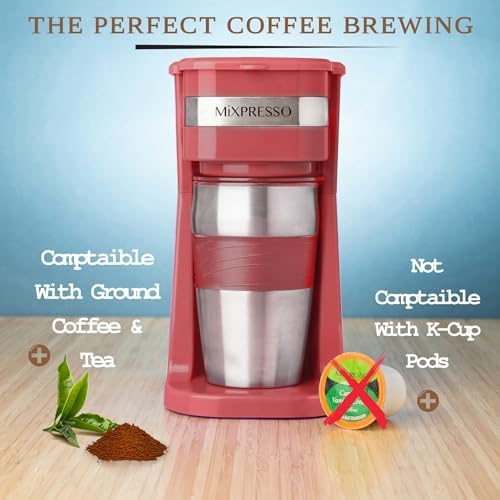 Mixpresso Single Serve & Single Cup Coffee Maker with 14oz Travel Mug Black | For ground coffee only, reusable filter, auto shut off. Compact personal drip coffee maker, not compatible with K-Cup pods.