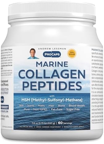 Andrew Lessman ProCaps Marine Collagen with MSM Powder 30 Servings | Marine Collagen with MSM supports healthy skin, joints, bones, hair and nails in a pure, unflavored, super-soluble powder.