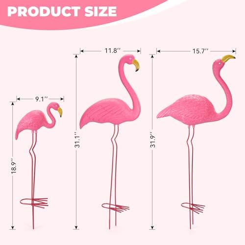 Ohuhu Family Flamingo Yard Ornaments, Set of 3 (32", 31", 19"), Pink | Metal Feet Stakes Bright Pink Flamingos Family, Garden Yard Patio Decoration