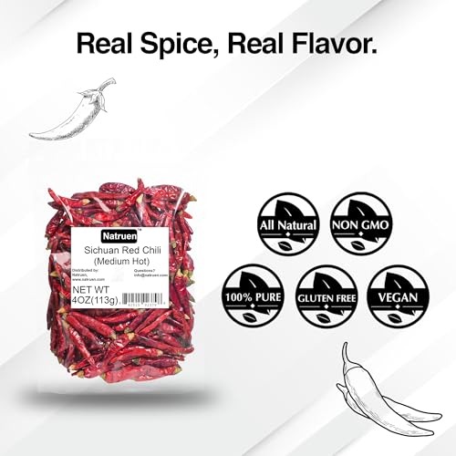 Natruen Dried Sichuan Red Chili Pods 4 oz, Medium Hot, Whole Chilies