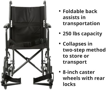 McKesson Transport Wheelchair, Silver, Black, 19 in, 1 ct | Lightweight, Steel, Silver Vein Finish