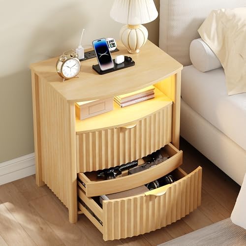 Dystler Fluted LED Night Stand with Hidden Gun Drawer & Charging | 19.7" W Curved Smart Bedside Table, 3-Color LED lights, 2 Drawers, Nightstand with Card-Lock, End Table for Bedroom, Walnut