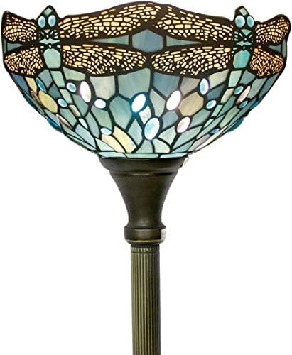 WERFACTORY Tiffany Floor Lamp Sea Blue Stained Glass Torchiere Pole Light | 12X12X71 Inches Dragonfly Standing Corner Torch Uplight Decor Bedroom