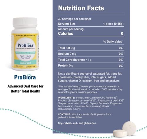 ProBiora Oral Probiotics for Teeth and Gums | Dental Probiotics for Improved Oral Health | Bad Breath Treatment for Adults | ProBiora3 Patented Probiotic Blend | Tooth Whitening | 30 Mint Tablets