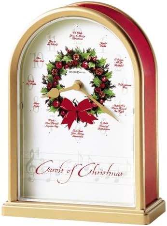 Howard Miller Carols of Christmas II Tabletop Clock – Satin Brass Finish, 12 Classic Carols, Hourly Chime, Battery Operated, Festive Wreath Design