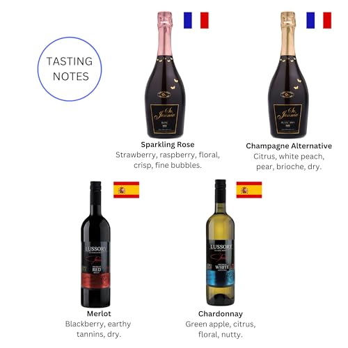 Halal Certified Wine Sampler 4 Bottles (25.4 Fl Oz Each) Lussory Merlot & Chardonnay, So Jennie Paris Rosé Sparkling & Blanc Dry (France & Spain)
