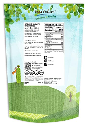 Food to Live Organic Brown Basmati Rice, 20 Pounds Non-GMO, Whole Long-Grain Rice Variety, Fragrant, Kosher, Vegan, Bulk. Less Starch Content. High in Dietary Fiber. Great for Making Stir-Fries