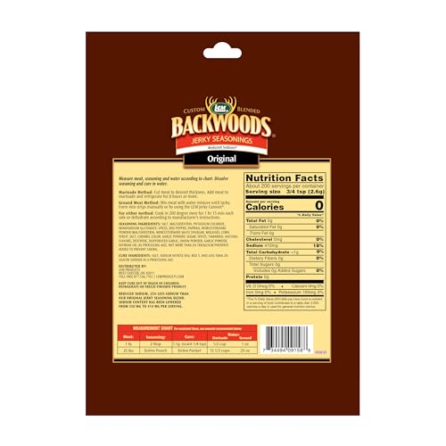 LEM Products Backwoods Reduced Sodium Original Jerky Seasoning, 18.3 oz | Pre-Measured Seasoning and Cure for Wild Game and Domestic Meat