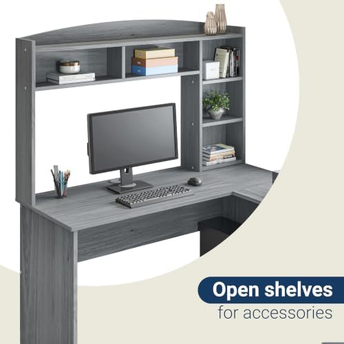 Techni Mobili Modern L-Shaped Desk with Hutch, Grey